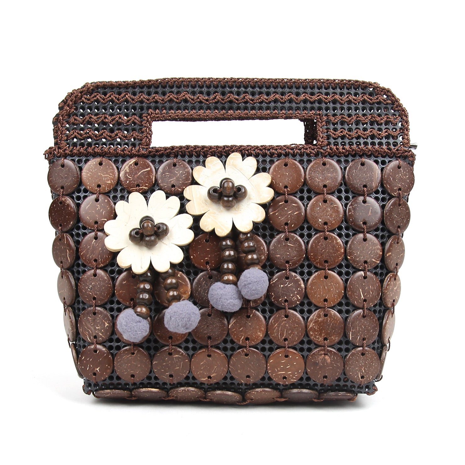 DAISYLIFE Natural and Eco-Friendly Coconut Shell Handbag/Purse/Clutch with Pompoms