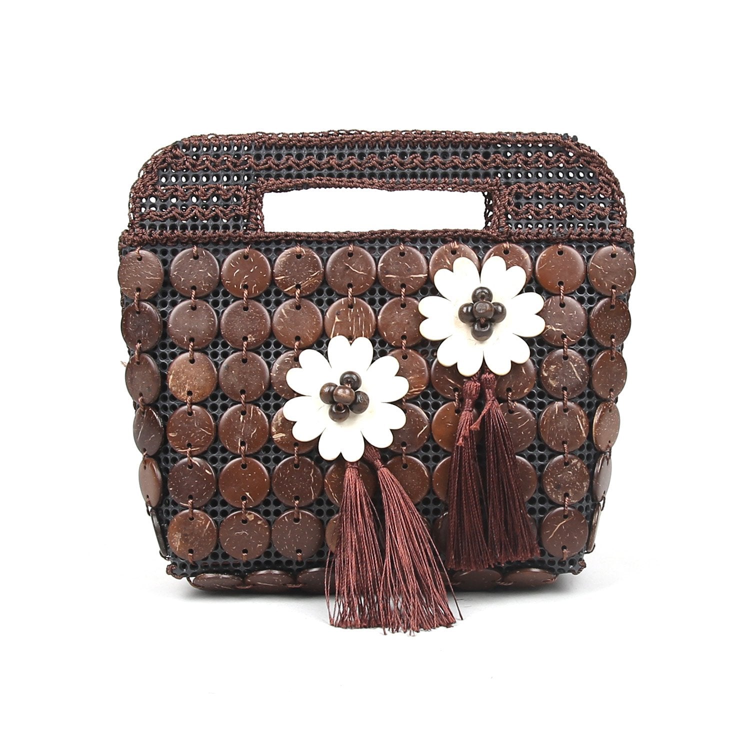 DAISYLIFE Natural and Eco-Friendly Brown Coconut Shell Clutch/Handbag/Purse with Tassels/Danglers/ Fringes 