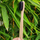 Close up of Natural Bamboo Toothbrush with Activated Charcoal Bristles