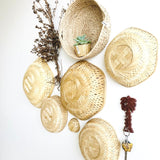 Baskets in different shapes and sizes, a little planter, a palm tree keychain hangar made with bamboo, grass and wood in this installation.