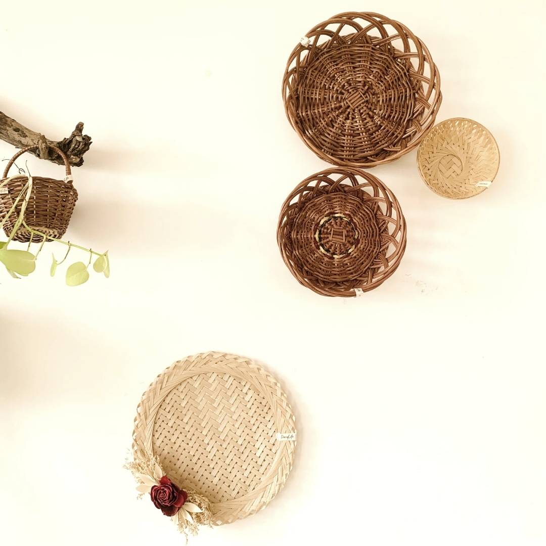 Close up of Forest/ woods basket arrangement for wall decor above dining table
