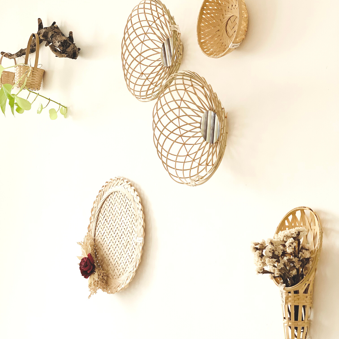 Side view of Forest wall basket arrangement for wall decor above dining table