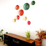Natural handmade bamboo wall baskets set, this set includes six different sizes of wall baskets, with natural, green, pink colours for living room décor