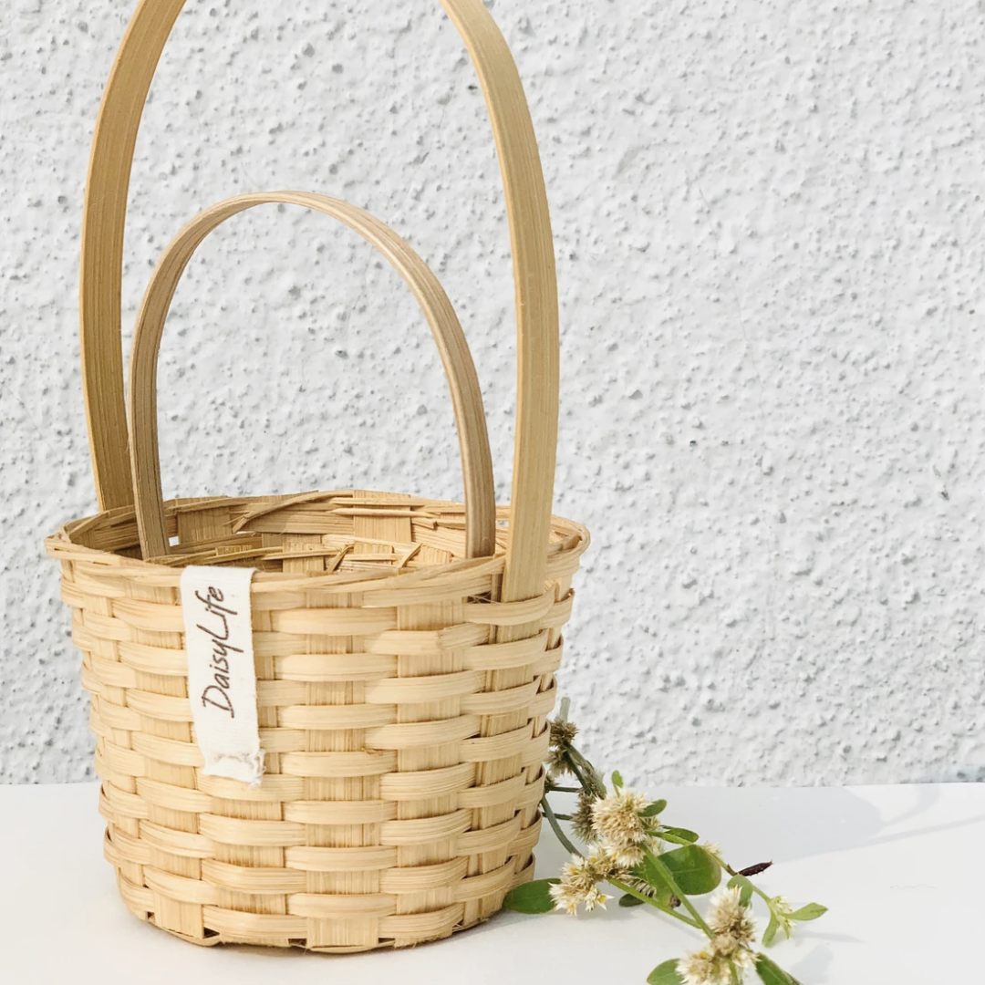 Set of 2 Little Bamboo Bucket Baskets with daisy flowers 