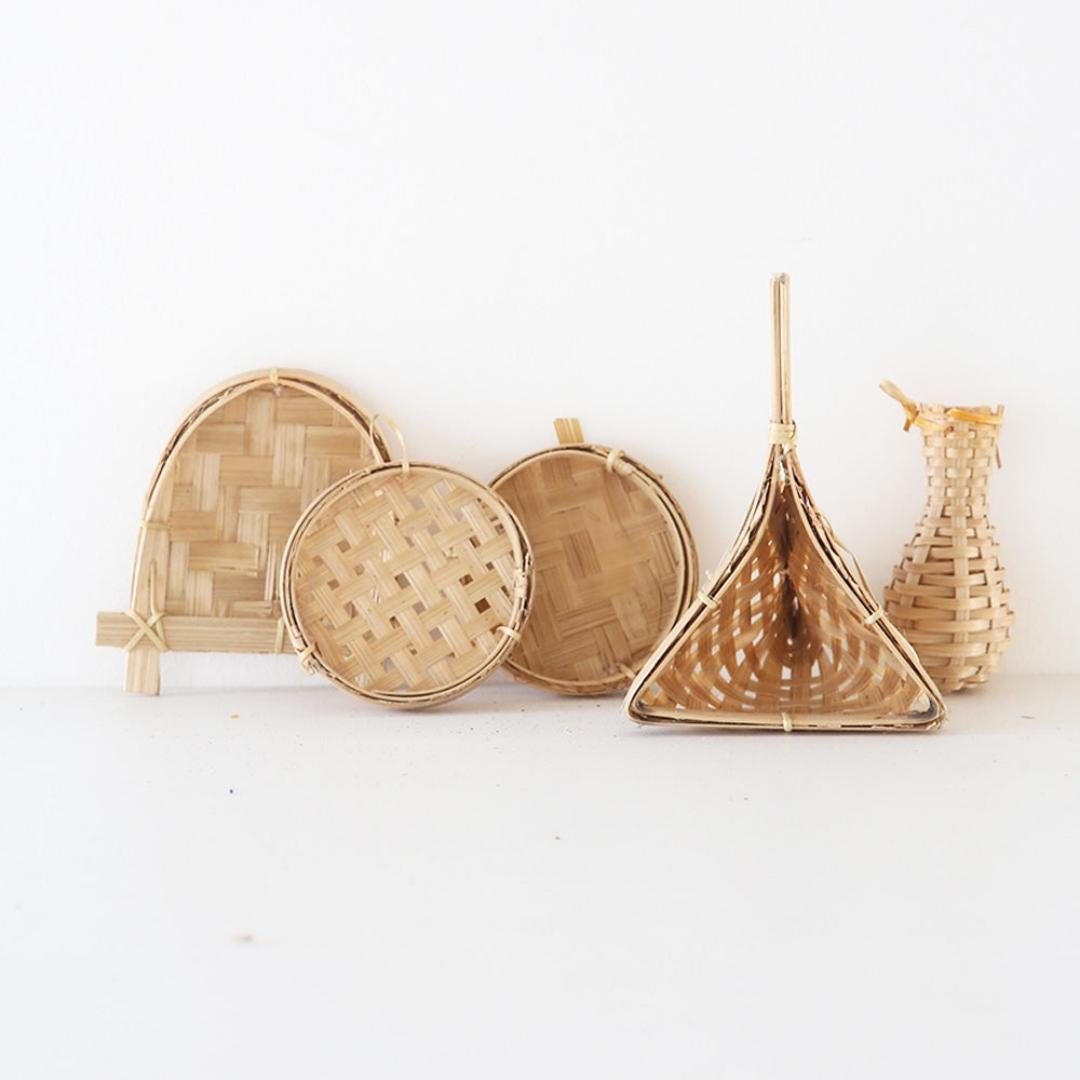 Close up of Natural Bamboo Rural Kitchen Toy Set of 5