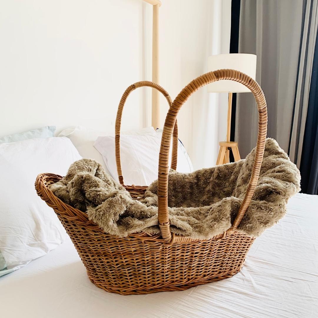 New, big, strong, open Wicker Baby Basket with smooth corner with bedding inside