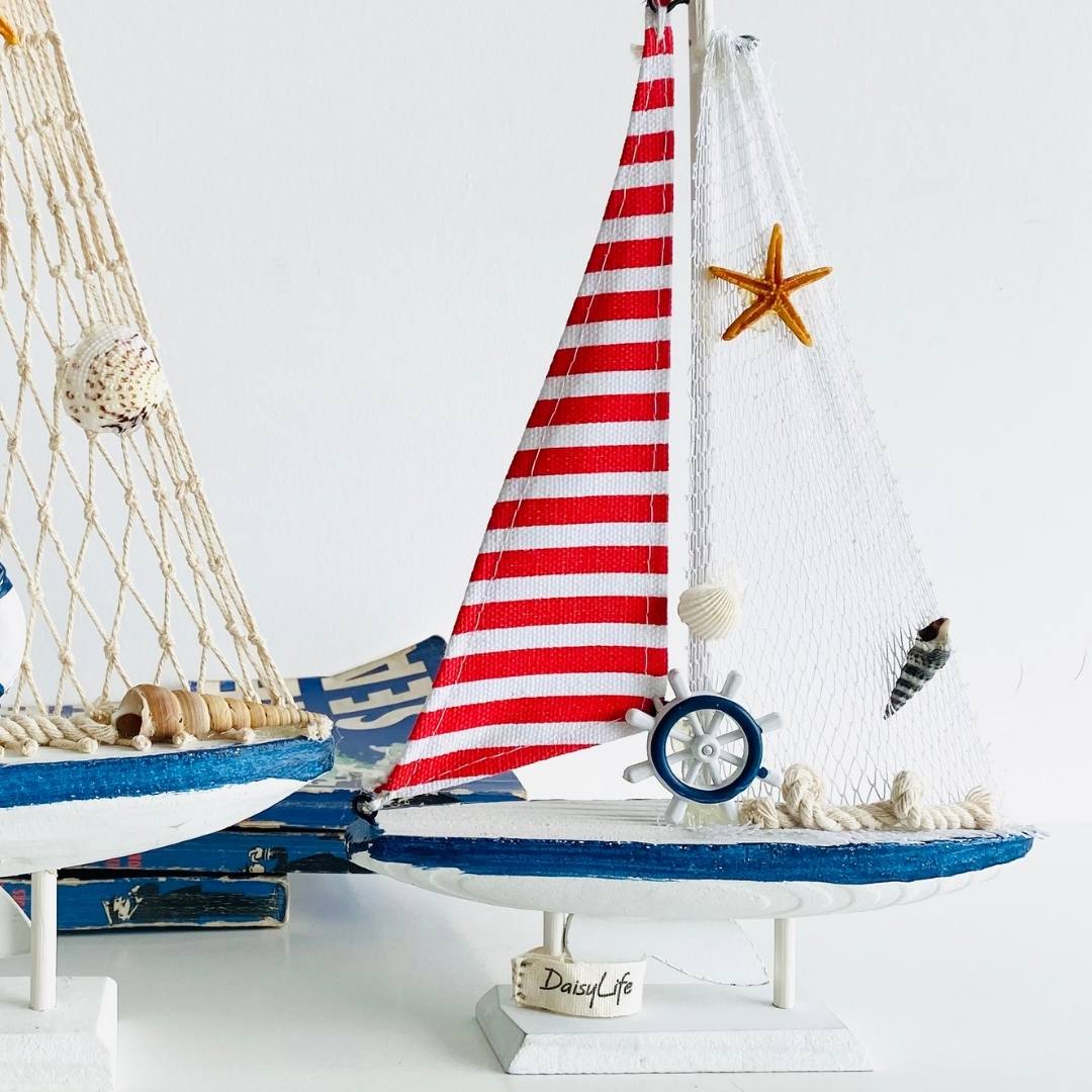 Wooden Natural coral/Seashell ship with red flag