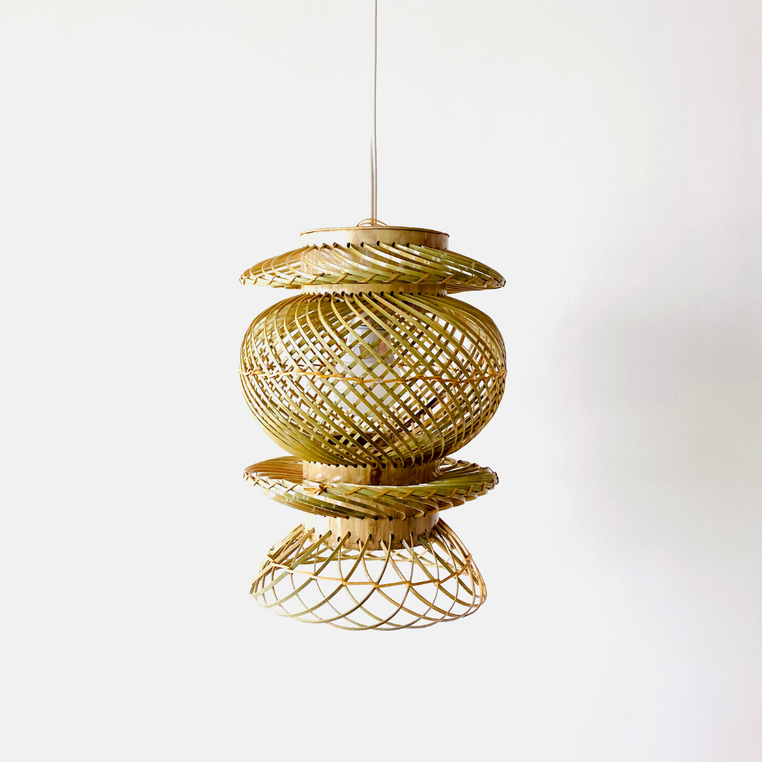Finely woven natural bamboo lampshade.
