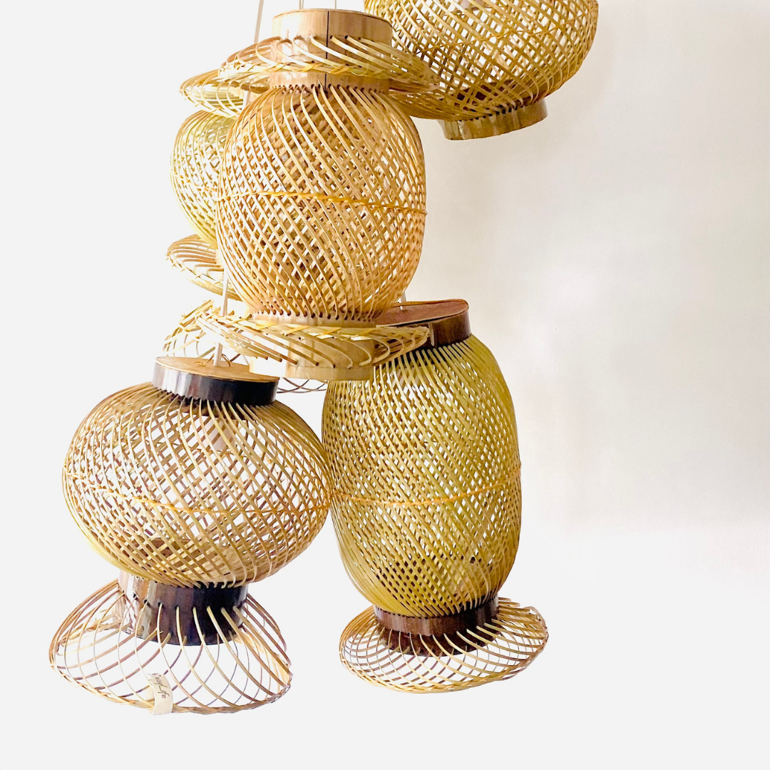 Finely woven natural bamboo lampshade.