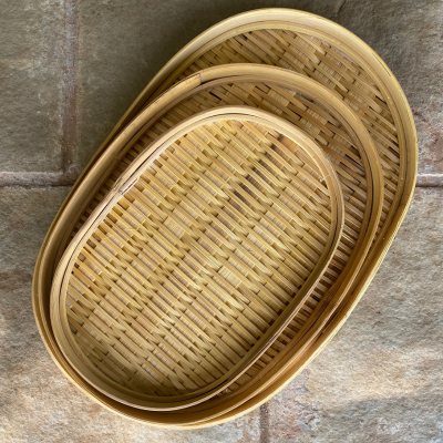 Flat bamboo tray basket in set of 3