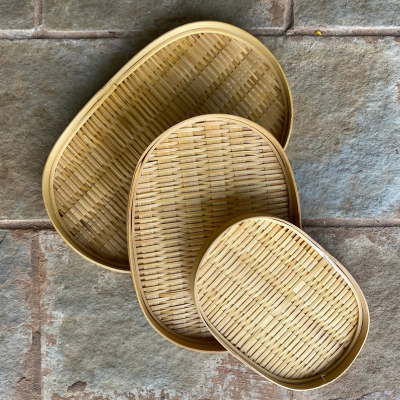 Flat bamboo tray basket in set of 3