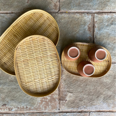 Flat bamboo tray basket in set of 3