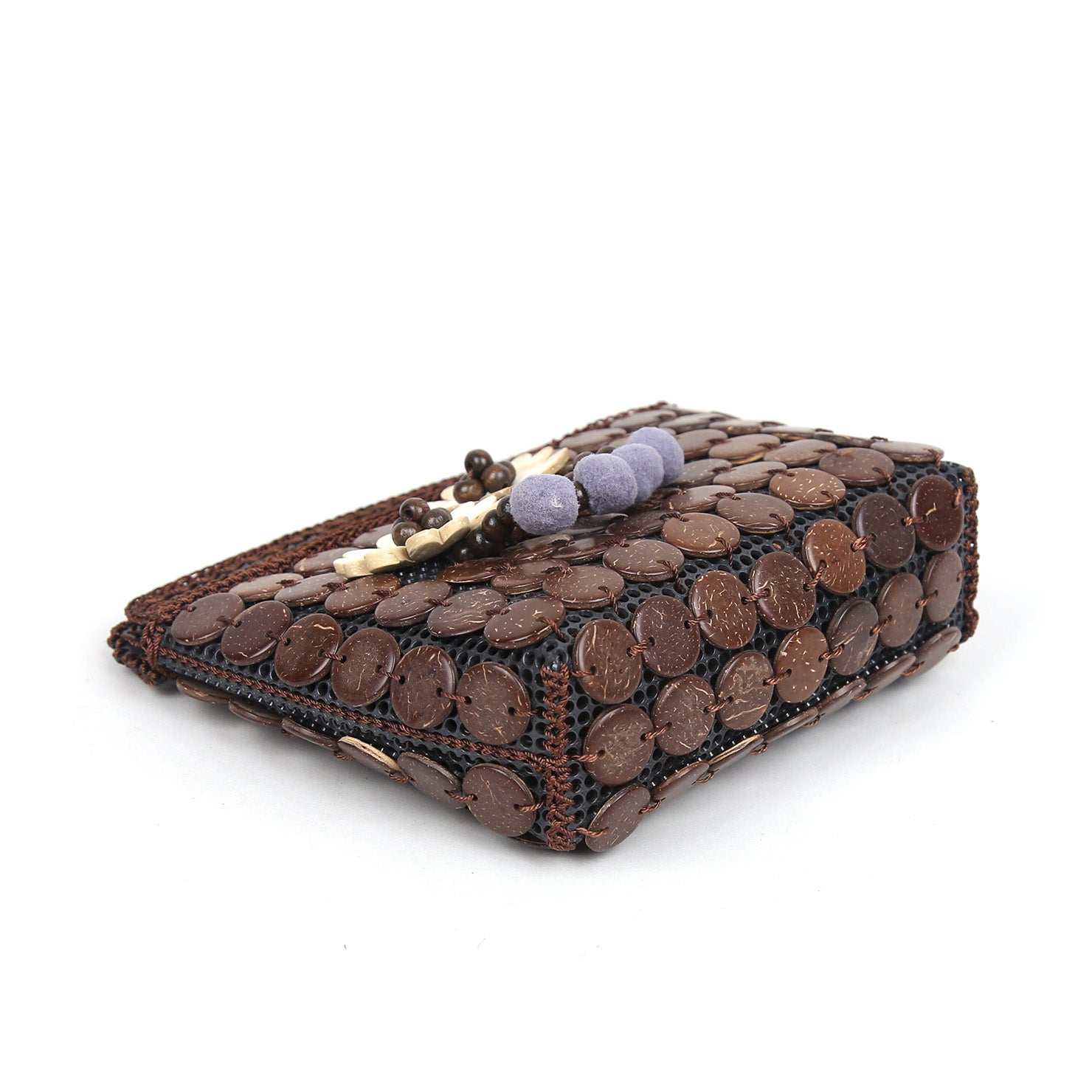 DAISYLIFE Natural and Eco-Friendly Coconut Shell Handbag/Purse/Clutch with Pompoms 
