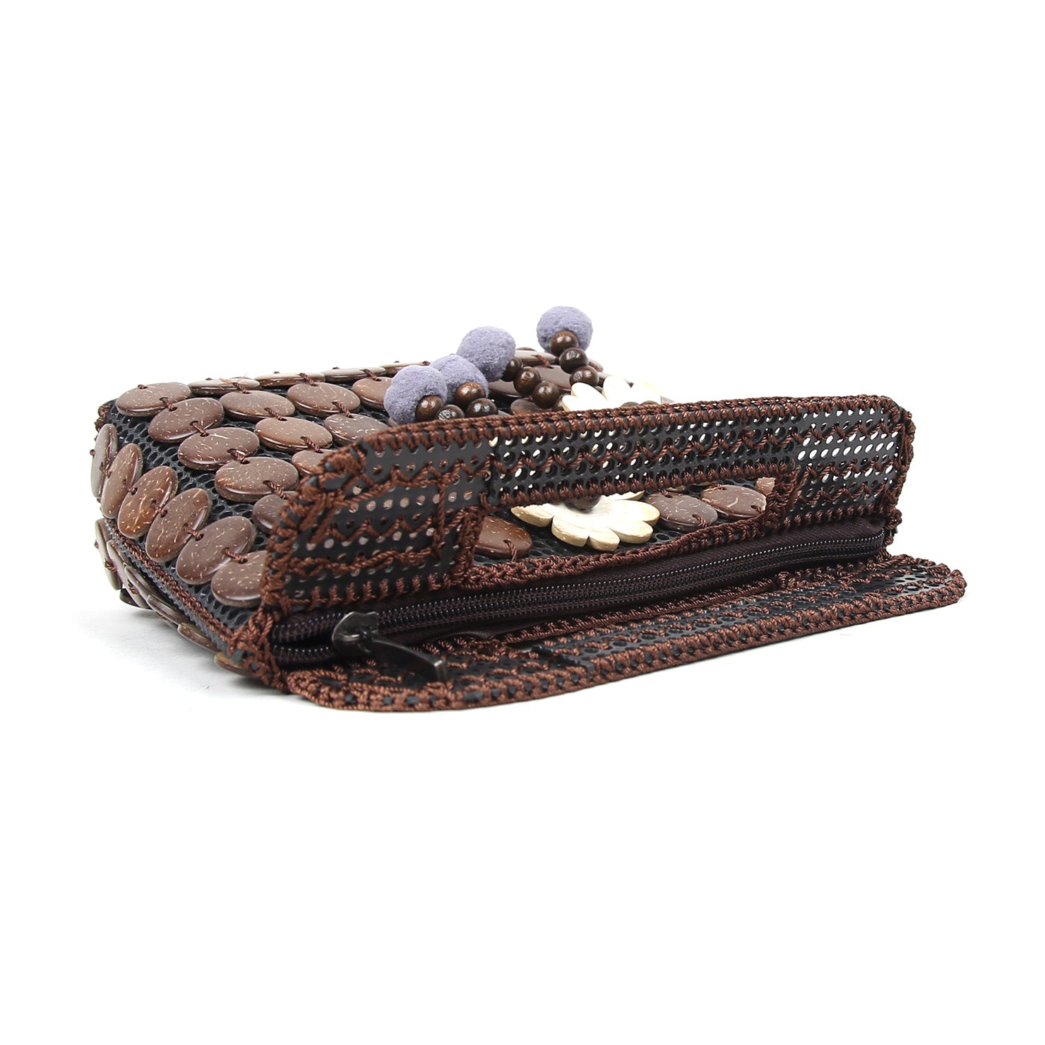 DAISYLIFE Natural and Eco-Friendly Coconut Shell Handbag/Purse/Clutch with Pompoms 