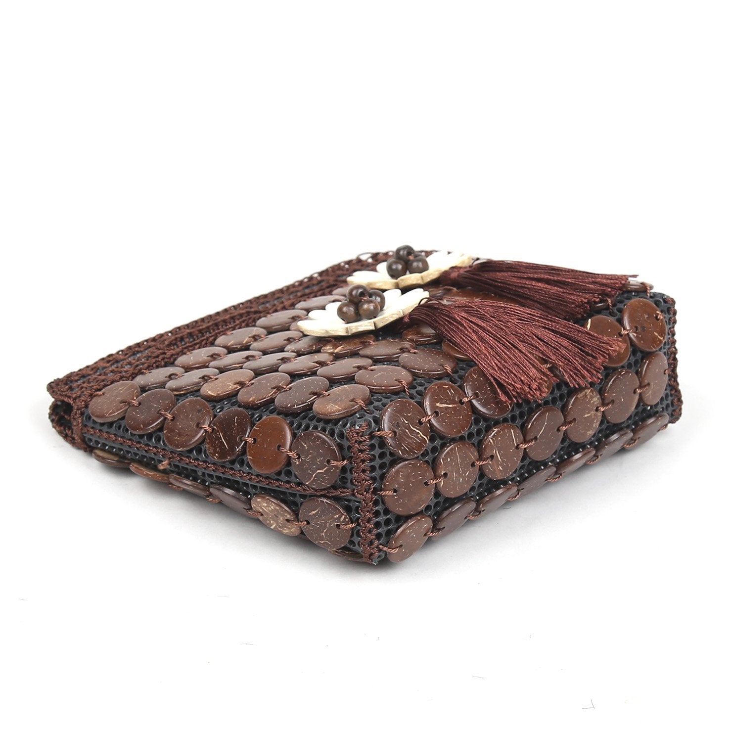 DAISYLIFE Natural and Eco-Friendly Brown Coconut Shell Clutch/Handbag/Purse with Tassels/Danglers/ Fringes 