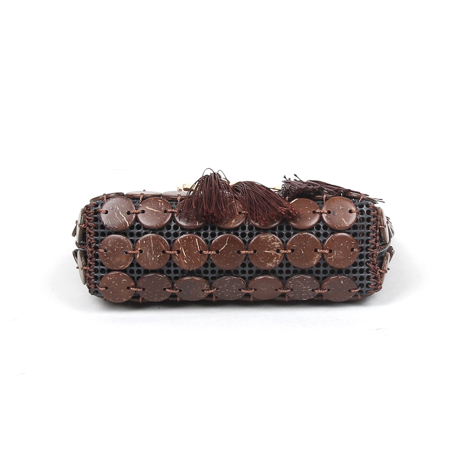 DAISYLIFE Natural and Eco-Friendly Brown Coconut Shell Clutch/Handbag/Purse with Tassels/Danglers/ Fringes 