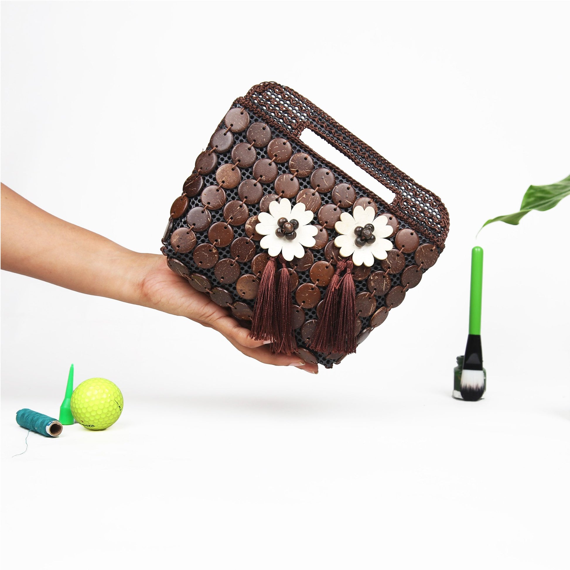 DAISYLIFE Natural and Eco-Friendly Brown Coconut Shell Clutch/Handbag/Purse with Tassels/Danglers/ Fringes 