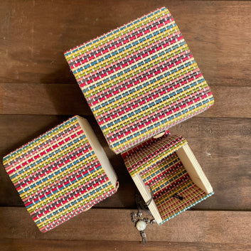 Top shot of set of 3 multi-colour gift boxes
