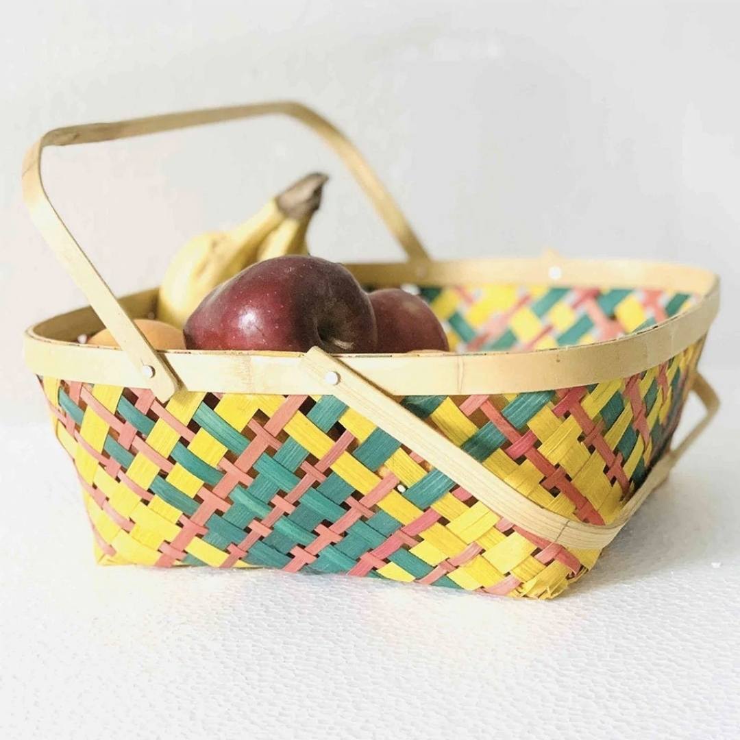 Multicolour Natural Bamboo Square Caddy. Basket with fruit inside