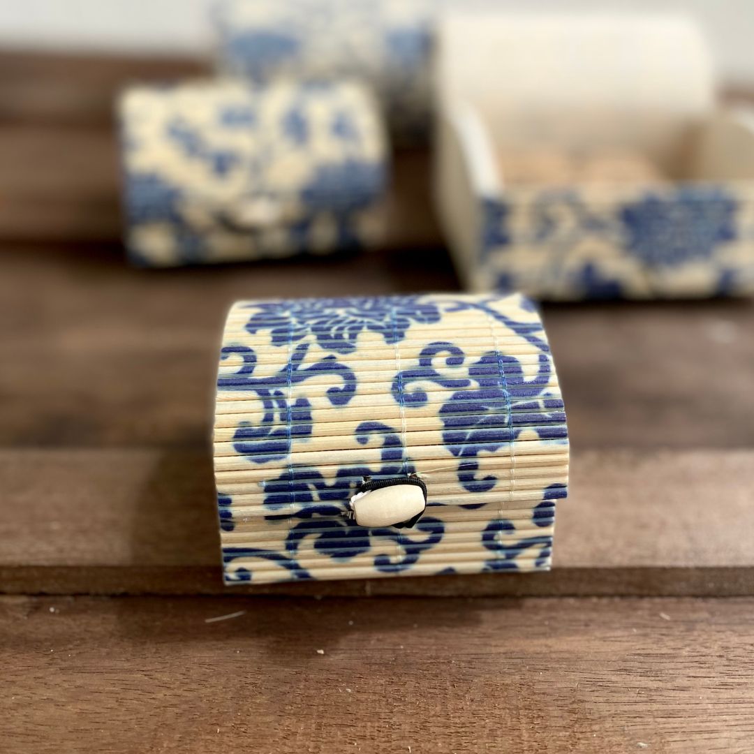 Close up of Blue floral gift boxes in set of 4