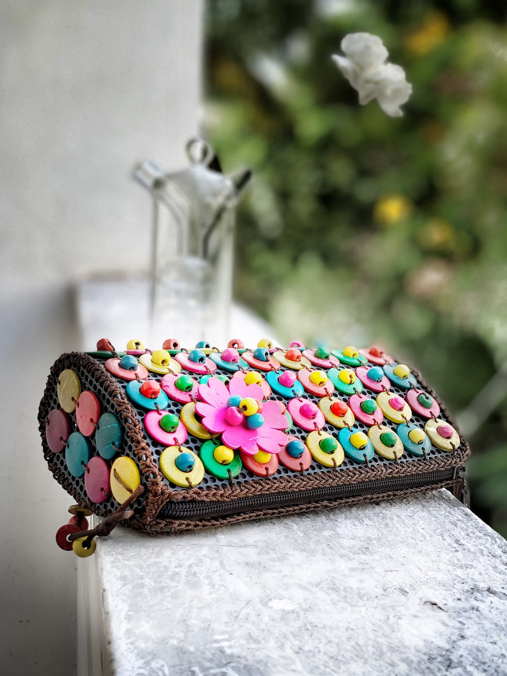DaisyLife natural coconut shell multicolor fashion sling bag with pink flower