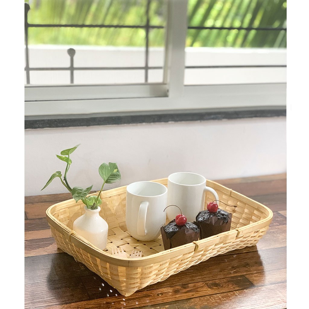 DaisyLife natural bamboo tray basket with cupcakes and coffee mugs