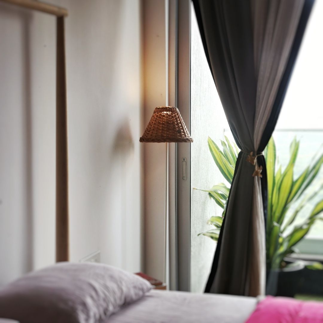  Handwoven Lampshade placed in bedroom setting.  