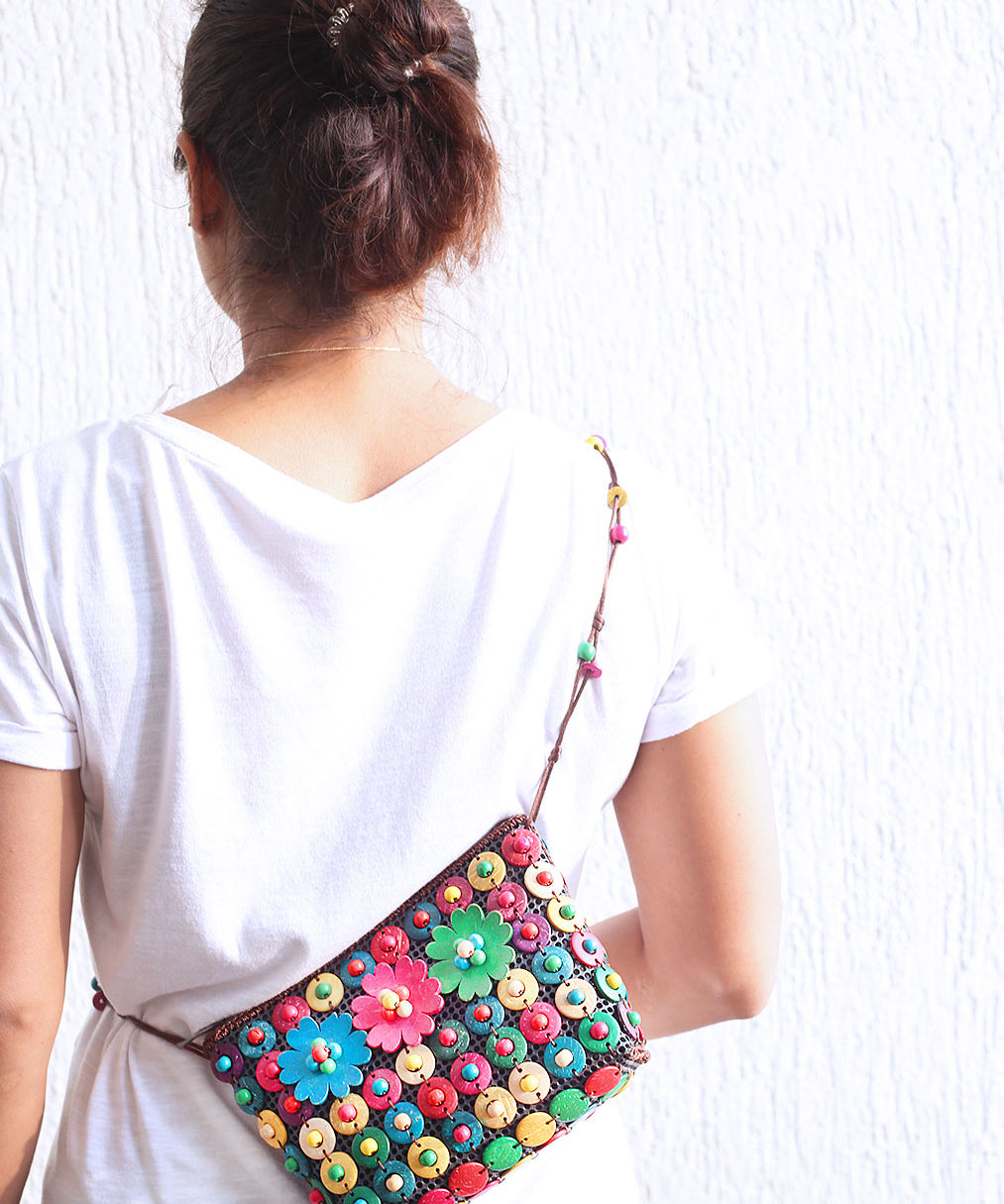 DaisyLife Natural coconut shell multicolor fashion sling bag on model
