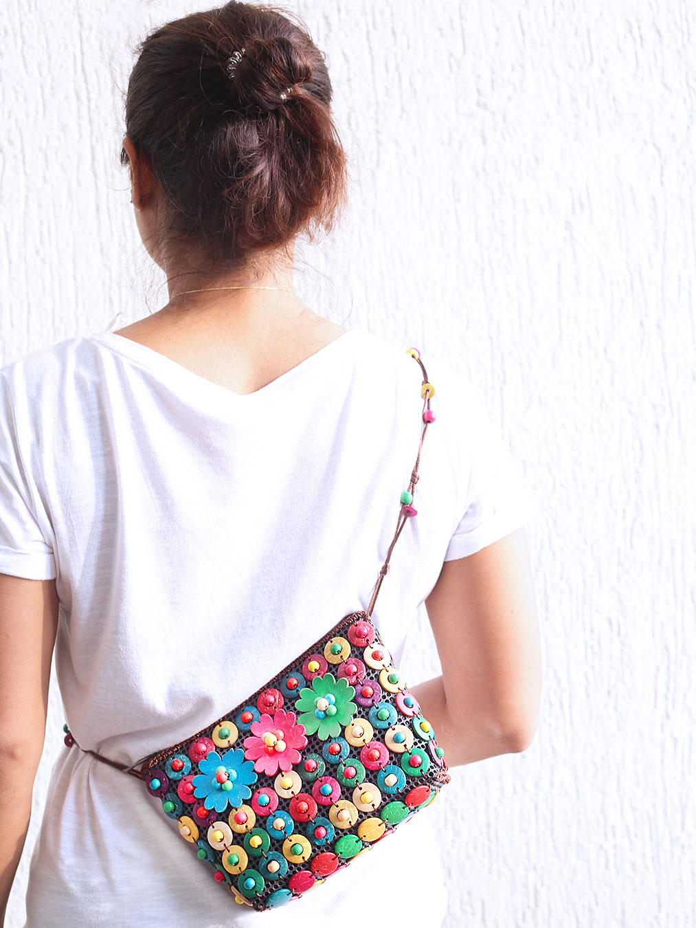 DaisyLife Natural coconut shell multicolor fashion sling bag on model