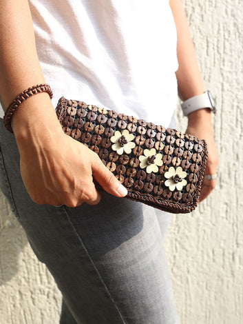DaisyLife natural coconut shell brown wristlet clutch bag on model