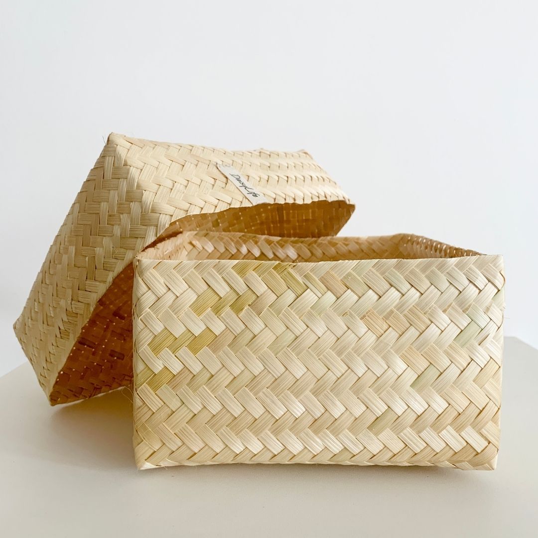 Side view of Handmade natural Bamboo box with lid for storage