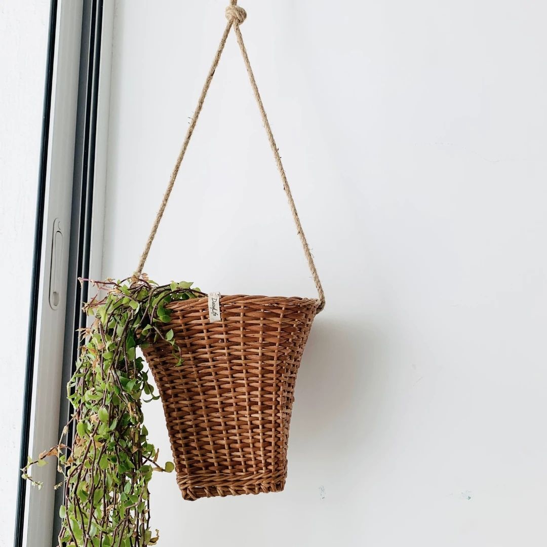 Wicker hanging planter near window.