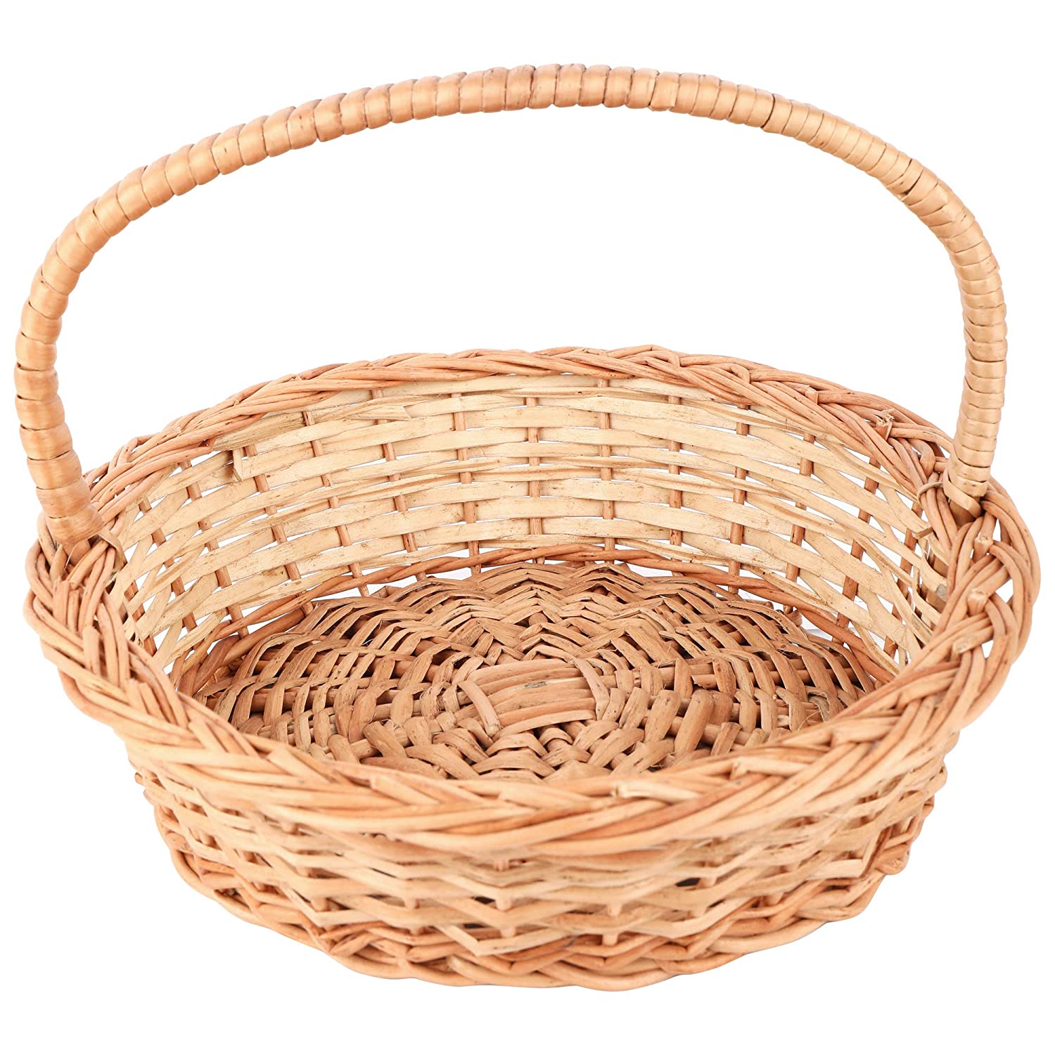 Closeup of DaisyLife's natural wicker round basket with handle for wedding clothes & jewelry