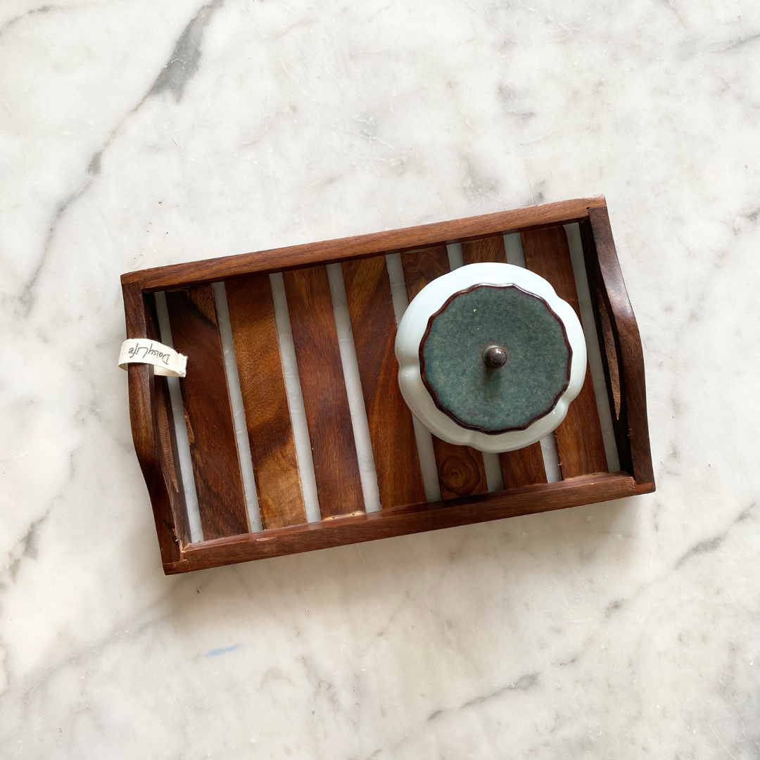 Natural Wooden antique tray with tea box on it