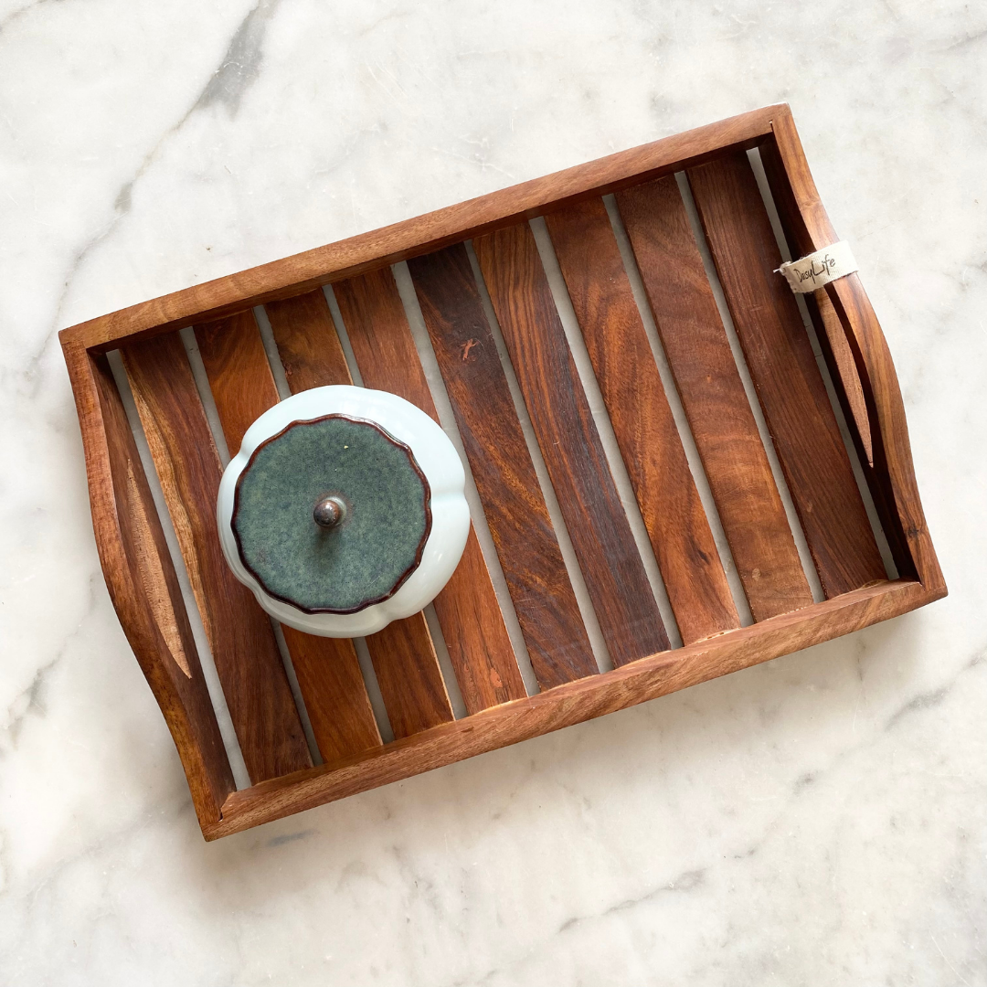 Natural Wooden antique tray with tea box on it