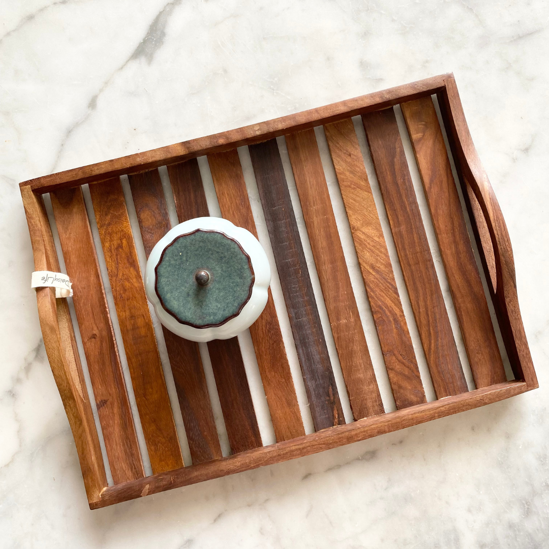 Big Natural Wooden antique tray with tea box on it