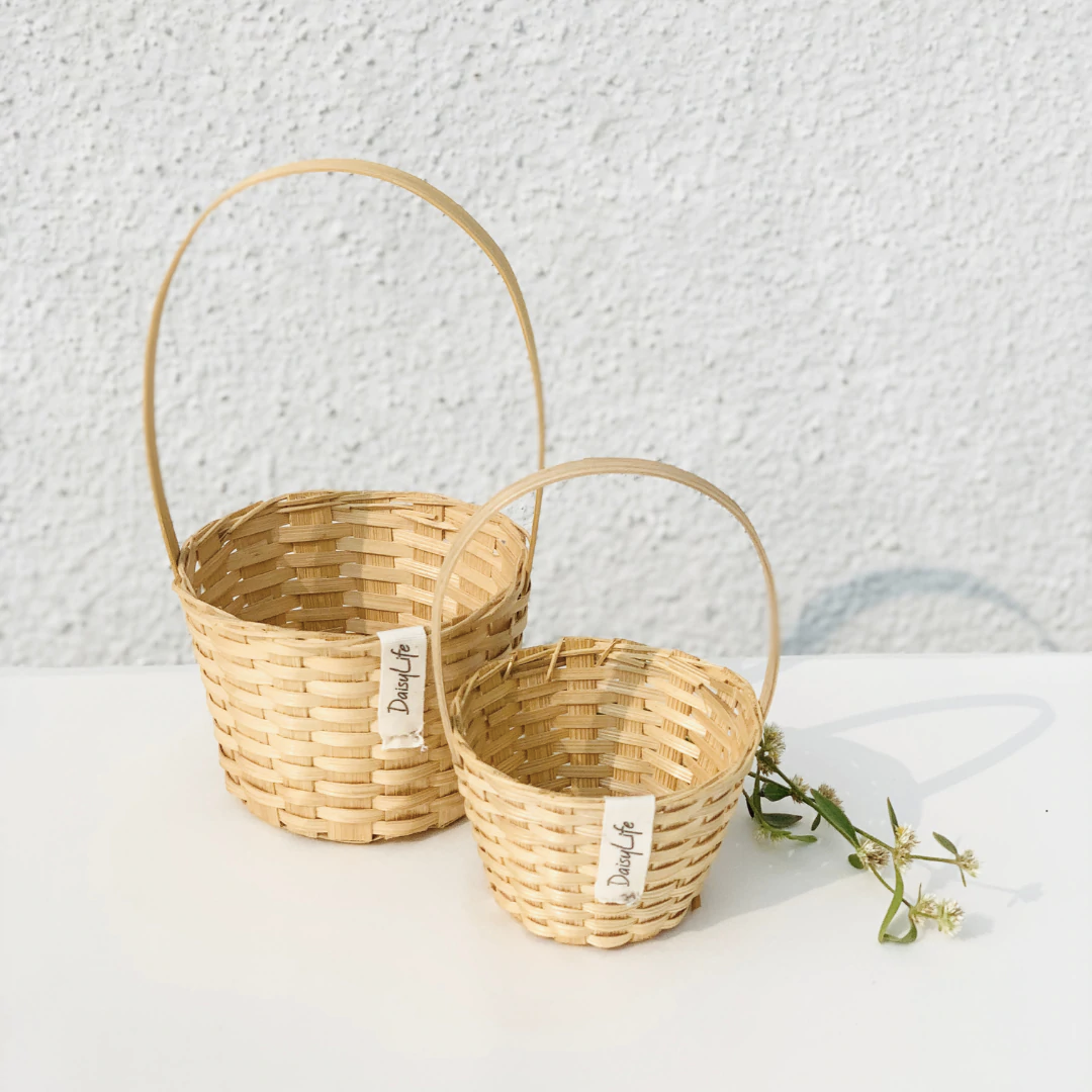 Set of 2 Little Bamboo Bucket Baskets with daisy flowers