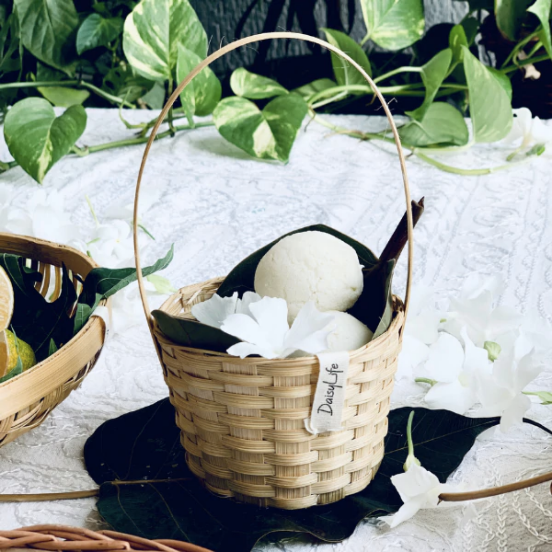 Little Bamboo Bucket Baskets, with rasgulla inside