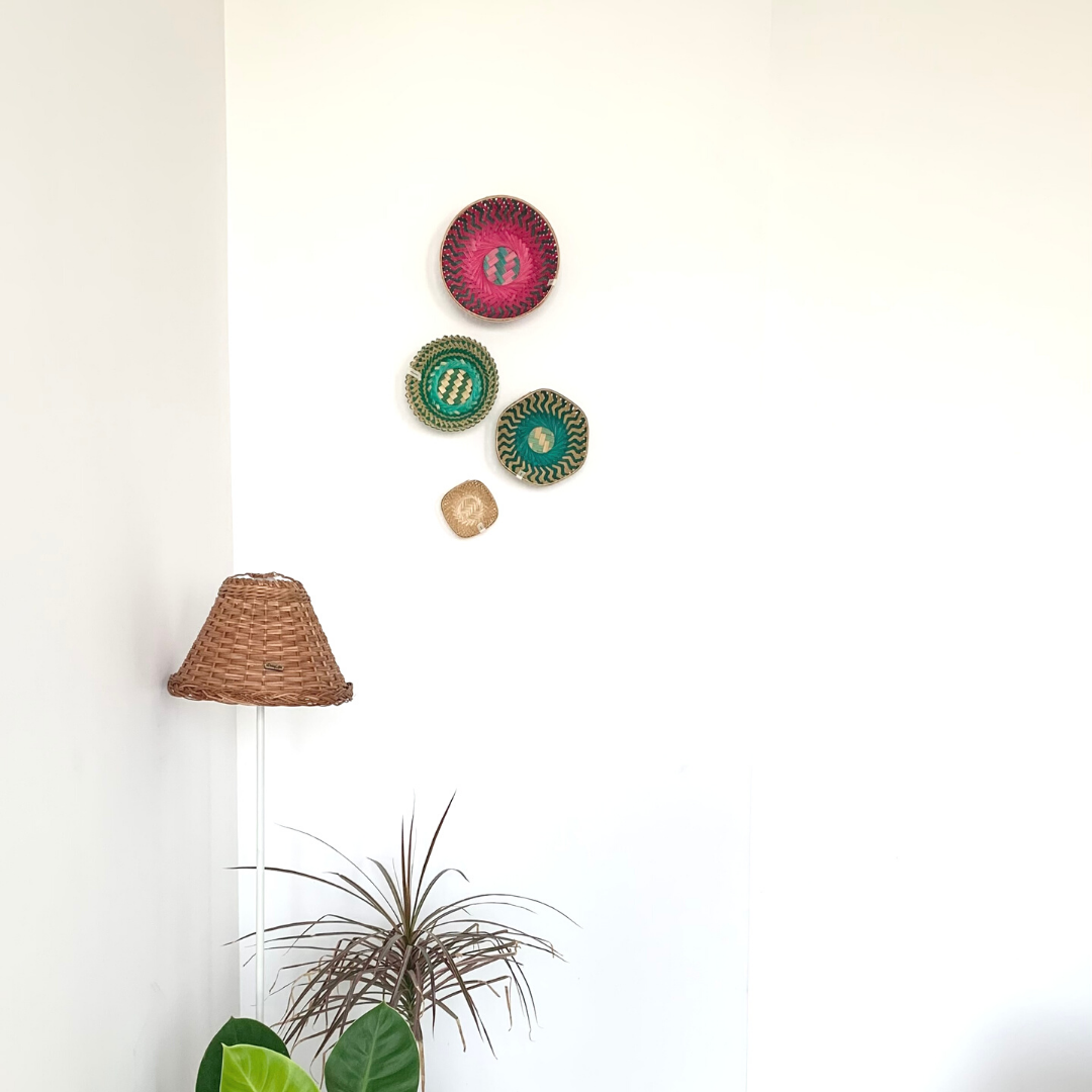 Colourful baskets on wall decor for wall decor near wicker lampshade