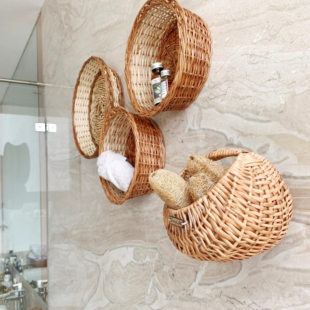 Spa Suite Wall Baskets used as a space for essential oils, loofas, etc.
