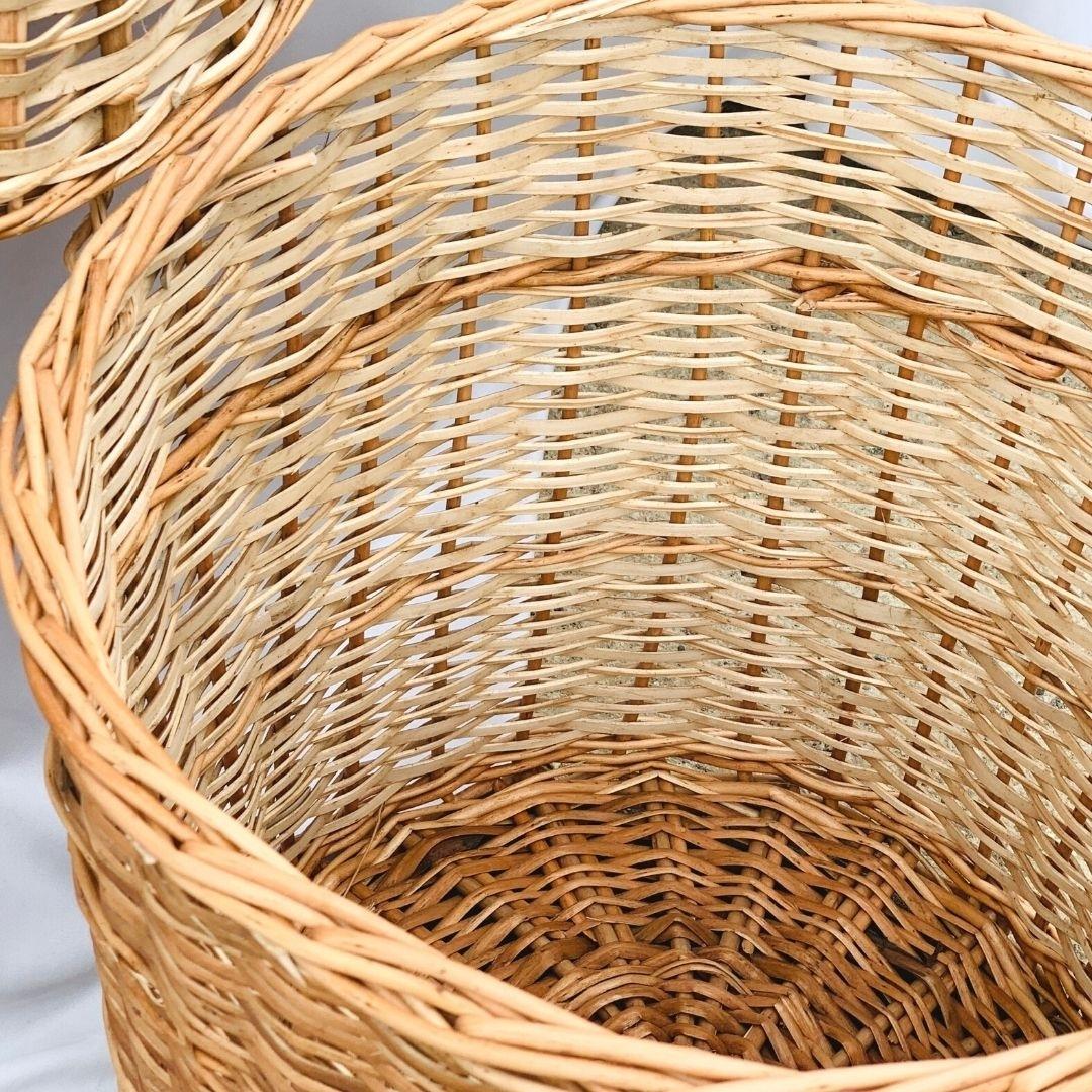 Close up Willow wicker laundry baskets.