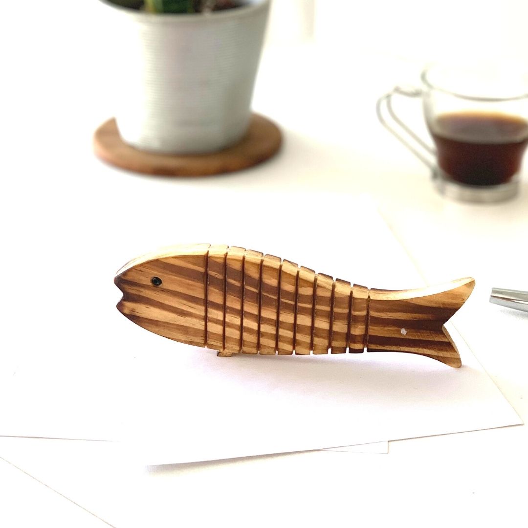 Close up of "Ariel" Flat Wooden Fish. 