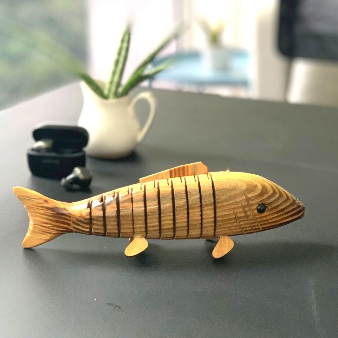 Close up of "Bubbles" Wooden Fish .