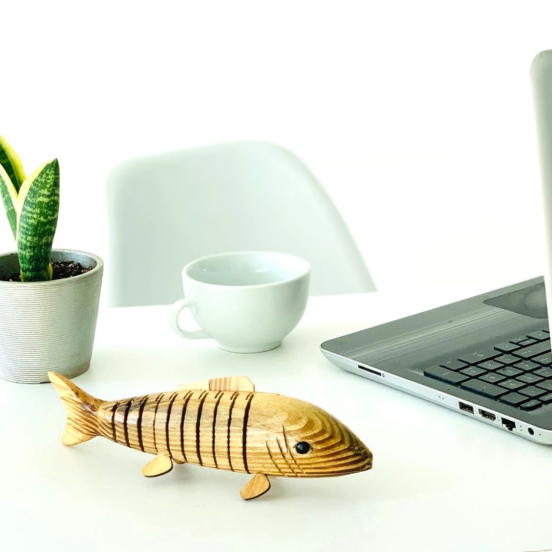  "Bubbles" Wooden Fish in office setup.