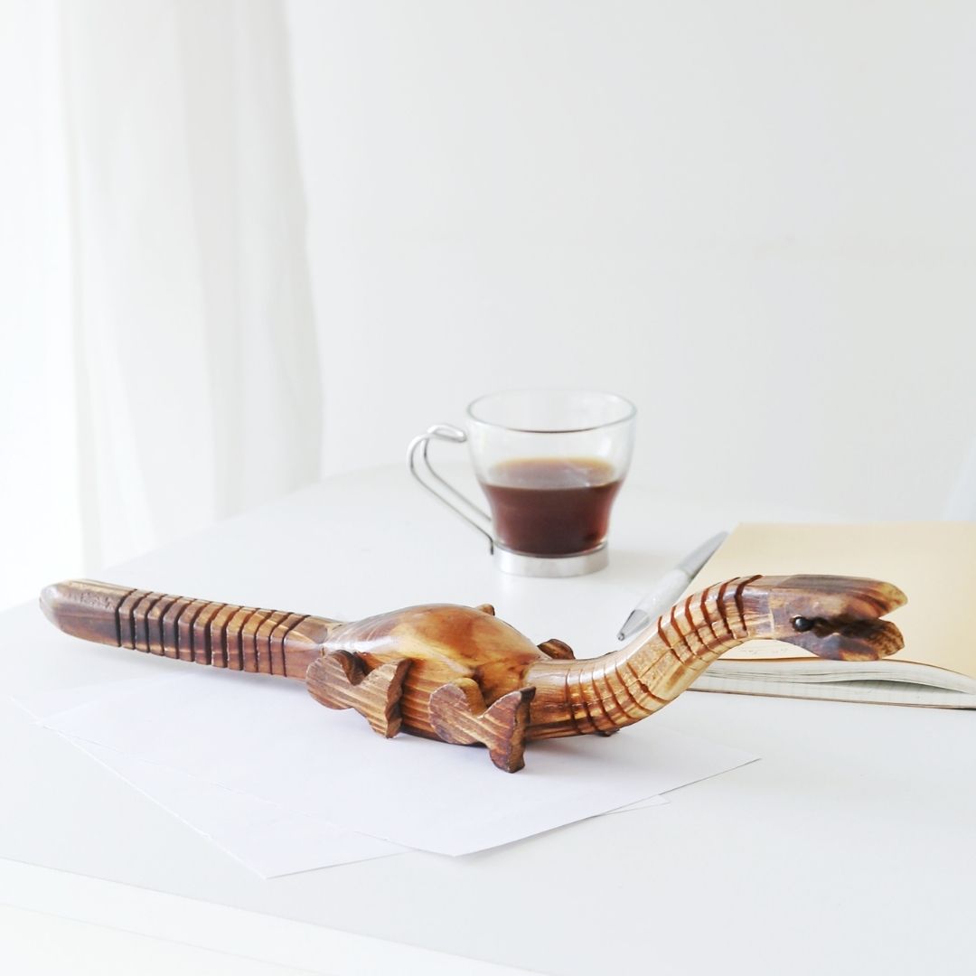 Wooden Long Neck Mamenchisaurus Dinosaur for office decor with tea in background 