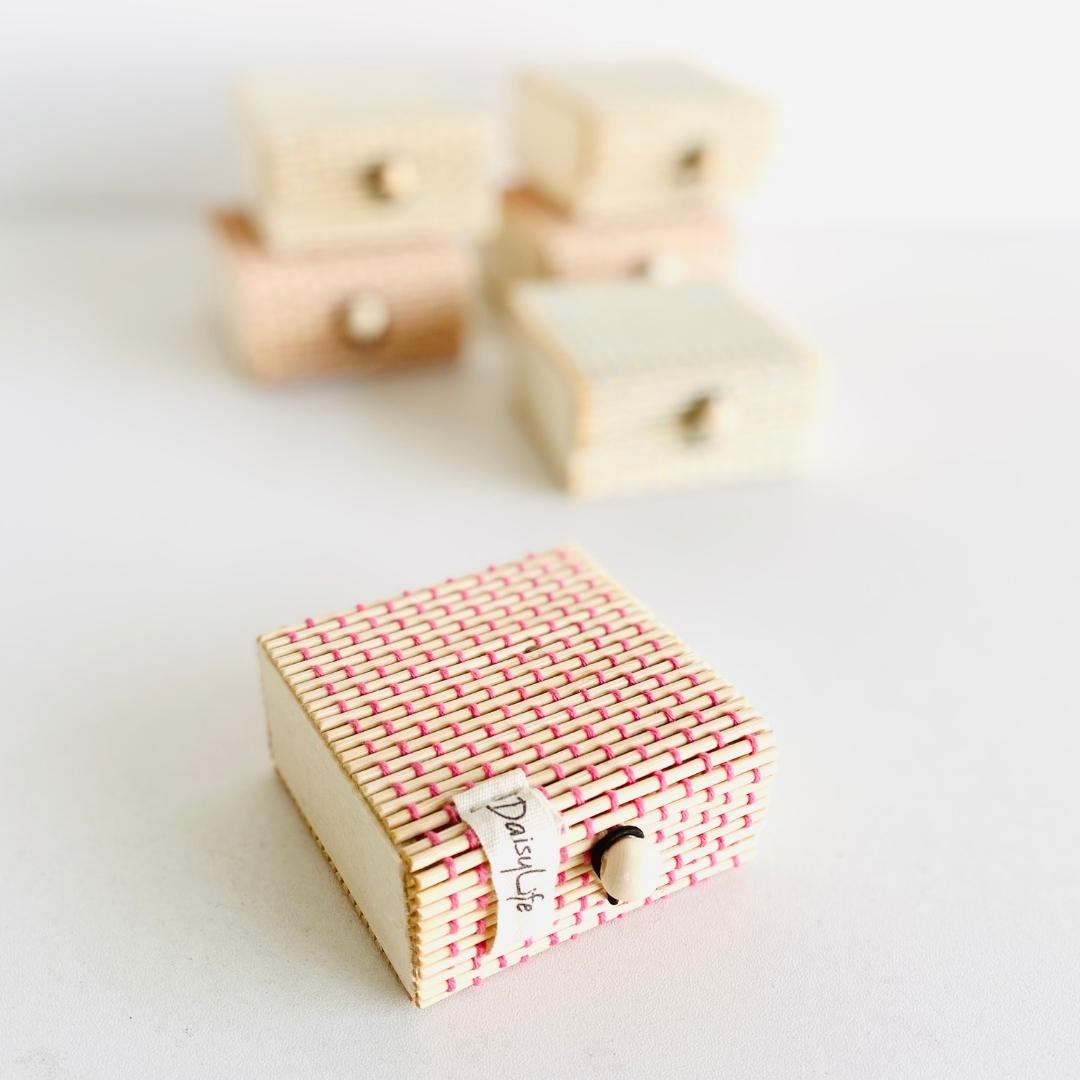 Close up Beautiful woven bamboo boxes for gifting and store trinkets, jewellery and more.