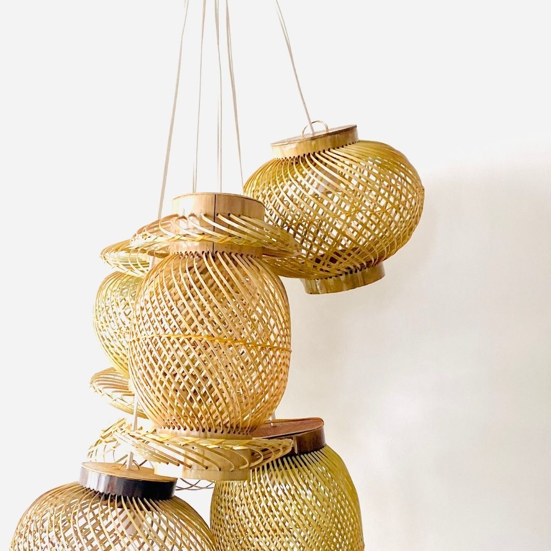 Finely woven natural bamboo lampshade.