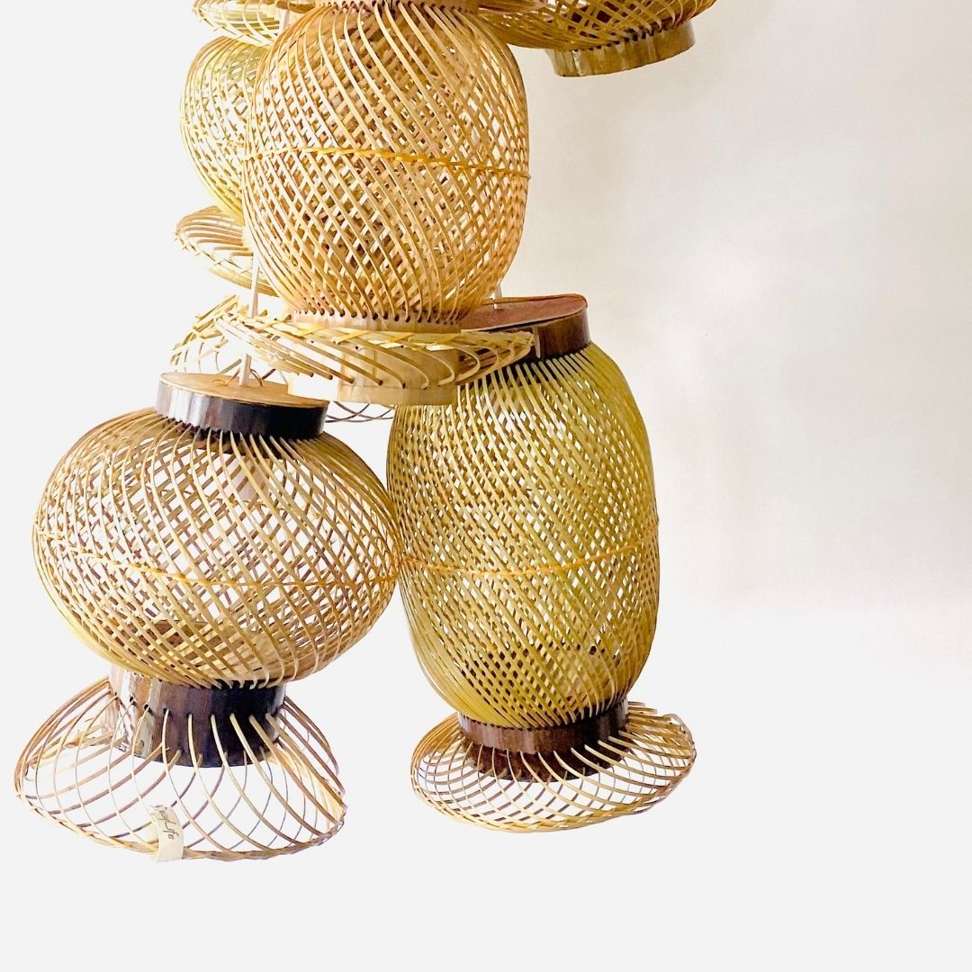 Finely woven natural bamboo lampshades.