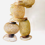 Finely woven natural bamboo lampshade.