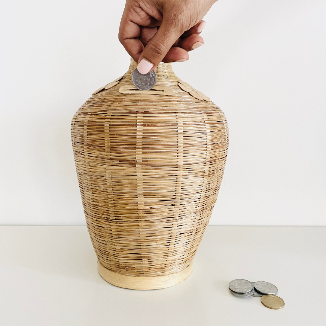 Bamboo money bank with detachable top